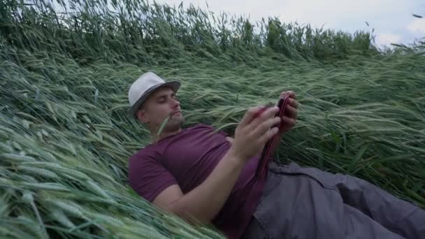 Uomo finisce di lavorare su tablet e va a letto sul campo di grano — Video Stock