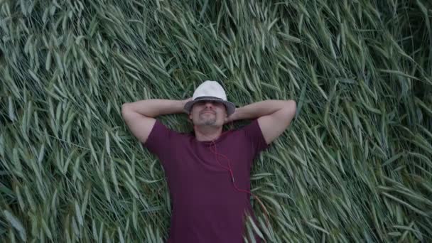 Şapkalı adam buğday tarlasında uzanıyor ve kulaklıkla müzik dinliyor. — Stok video