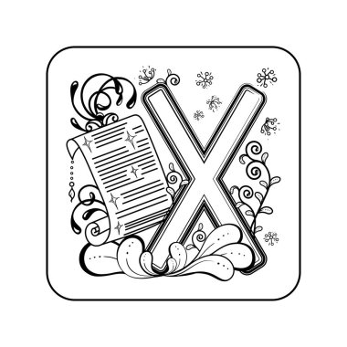 Viking işareti, mühür dövmesi ve çiçek desenli arkaplanda erkek gücünün, sevginin ve büyülü harmoninin sembolünü tasvir eden bir mektup.