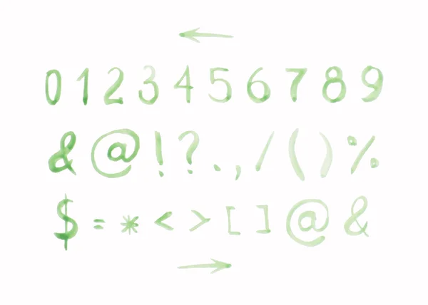 Grünes Aquarell-Alphabet Teil zwei mit Zahlen und Markierungen — Stockvektor