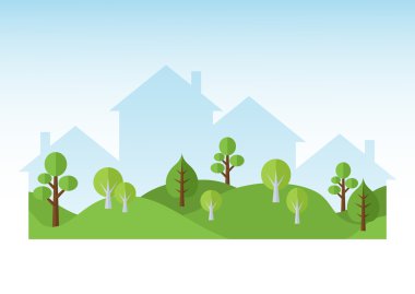 yemyeşil ağaçlar ve evler silhouettes