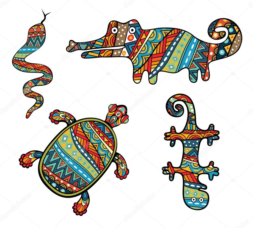 Set of silhouettes of turtle, snake, lizard and crocodile, ornate wilds with ethnic abstract pattern. Colorful tribal ornament in collection of various reptiles. Isolated on white background. Vector is grouped EPS8.