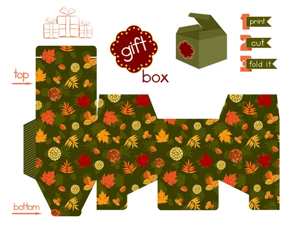 Printable Gift Box With Autumn Leaves — Stock Vector