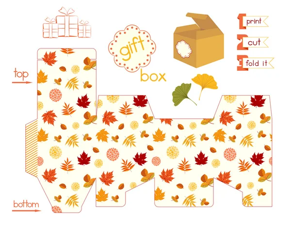 Boîte cadeau imprimable avec feuilles d'automne colorées — Image vectorielle