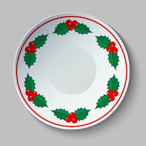 Ceramic Plate With Christmas Traditional Holly Ornament — Stock Vector