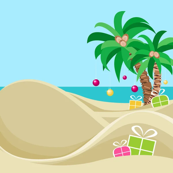 Feliz Navidad en la plantilla de tarjeta de playa tropical — Archivo Imágenes Vectoriales