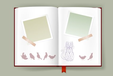 Boş resim çerçeveleri ve komik kedi ve kuşlar ile albüm açıldı