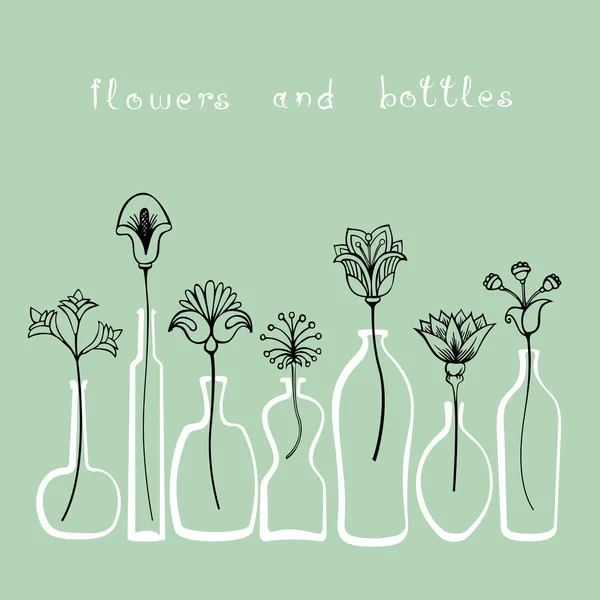 Streszczenie kwiaty i różne butelki — Wektor stockowy