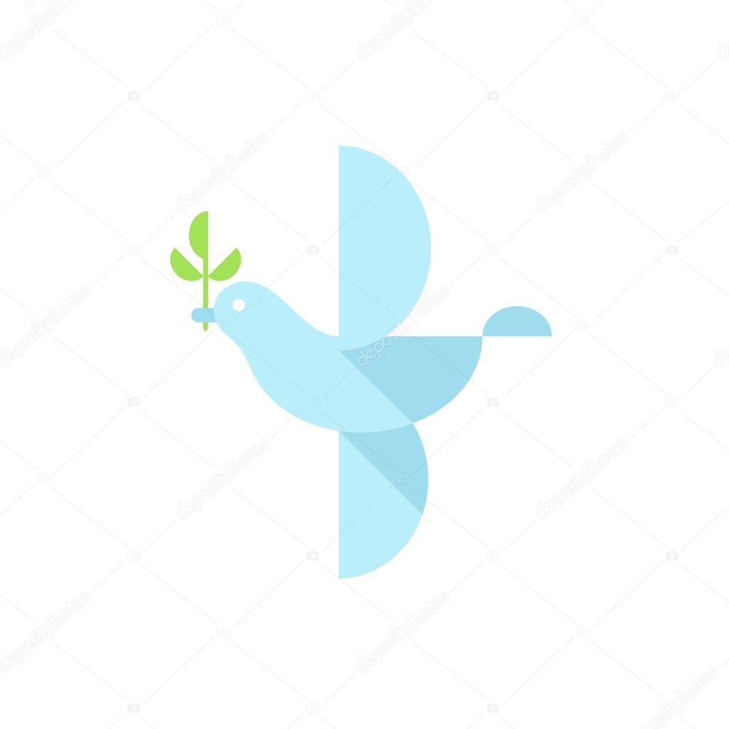 Illustration with dove holding an olive branch symbolizing peace on earth. Flat style with long shadows for logo and design. Object isolated on white background. Vector file is EPS8.