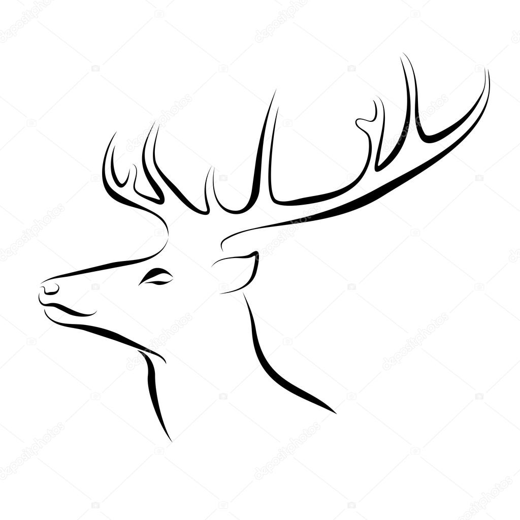 Black and white illustration of deer head with horns. Hand drawn sketch. Ink painting. Design element useful for logo. Vector file is EPS8.
