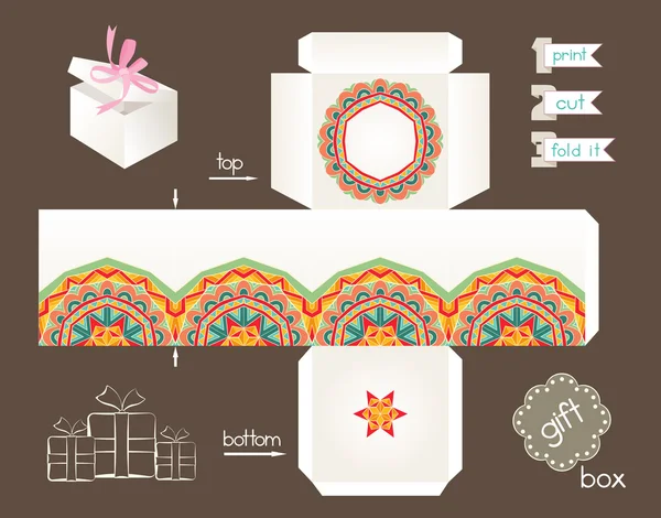 Printable Gift Box With Abstract Ethnic Pattern — Stock Vector