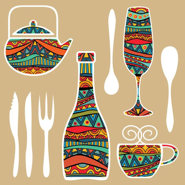Arrière-plan alimentaire avec vaisselle décorée — Image vectorielle