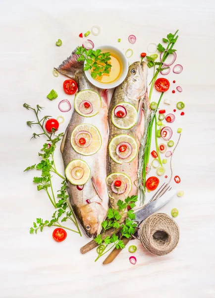 Färsk fisk med matlagning ingredienser — Stockfoto