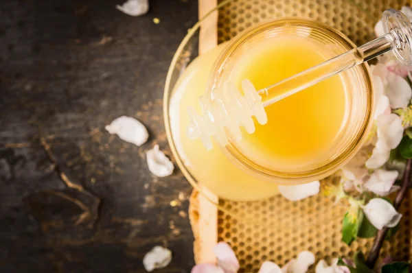 Honung med glass skopa — Stockfoto