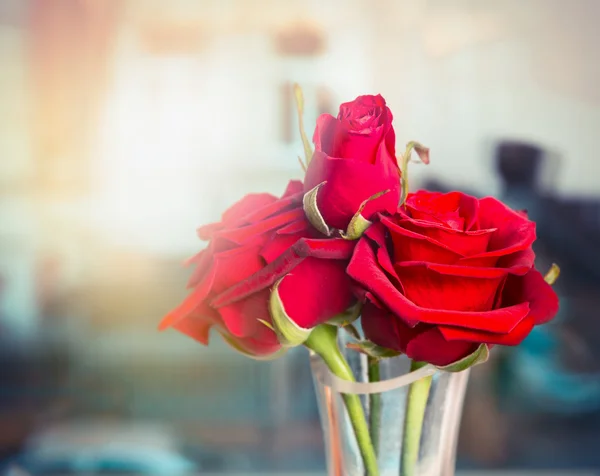 Rosas vermelhas em vaso de vidro — Fotografia de Stock
