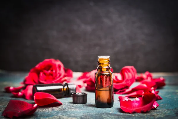 Roses essential oil with petals — Stock Photo, Image