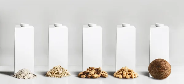 ビーガンミルクのコンセプト 白のブランクパッケージ テトラパック 最高のビーガンミルク成分とブランディングやデザインにモックアップ付きパケットカートン オートミール アーモンド 灰色の背景で大豆とココナッツ — ストック写真