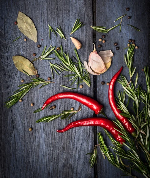 Red chili , rosemary and spices on old blue wooden background, top view — Stock Photo, Image