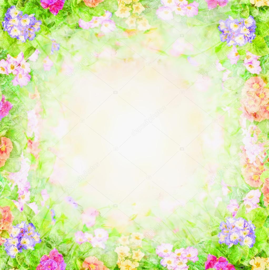 Green pink blurry floral background, flowers frame