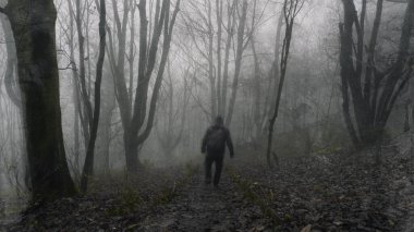 Bulanık kapüşonlu hayalet figürü. Ürkütücü bir kış gününde ormanda dikiliyorum. Eski bir grunge düzenleme ile                                         