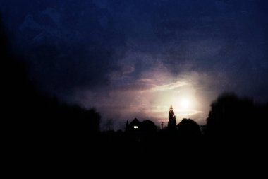 Kırsal kesimin ortasında bir ev. Karanlık bir gecede pencereden parlayan bir ışıkla. Arkasında ay varken. Bir grunge, doku, klasik düzenleme ile.