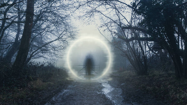 A mysterious ghostly figure, walking through a glowing magical portal. In a spooky winters forest.
