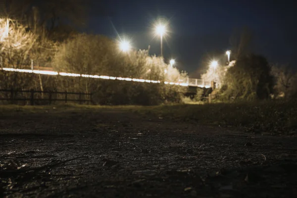 Sığ Bir Alan Derinliği Düşük Açılı Sokak Lambaları Gece Trafik — Stok fotoğraf