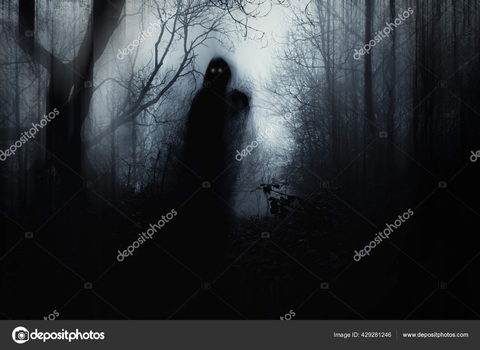 Scary Hooded Figure Glowing Eyes Spooky Forest Foggy Winters Day Stock ...