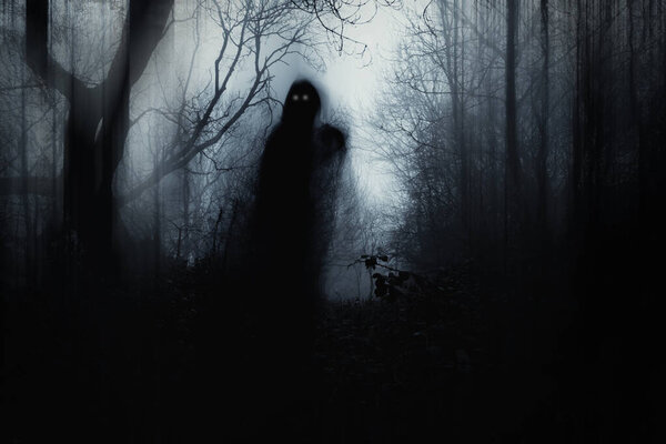 A scary hooded figure with glowing eyes in a spooky forest on a foggy winters day. With a artistic, blurred, abstract, grunge edit.