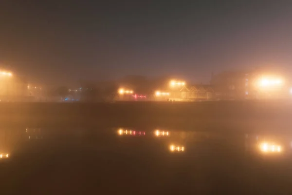 Street Lights Buildings Reflected River Foggy Winters Night Worcester — Stock Photo, Image