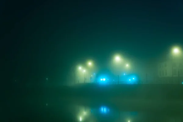 Buildings Street Lights Reflected River Foggy Winters Night Worcester — Stock Photo, Image