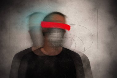 Akıl sağlığı konsepti. Bulanık kafalı, gözleri kapalı bir adam. Bir grunge, soyut düzenleme ile             