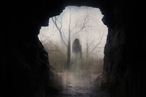 Ghostly Transparent Woman Standing Entrance Cave Atmospheric Winters Day Grunge — Stock Photo, Image