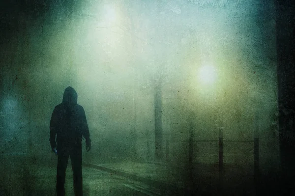 電話を運ぶカメラに戻る機嫌の良いフードの図 霧の多い冬の夜に通りに立っている グランジ 抽象的 編集で — ストック写真