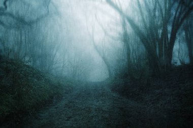 Karamsar, sisli bir kış gününde ürkütücü bir ormanın içinden geçen yol kavramı gibi bir rüya. Bir grunge, soyut düzenleme ile.