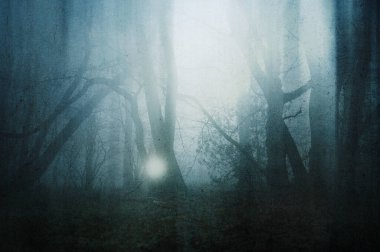 Huysuz, sisli bir kış gününde ürkütücü bir ormanda parlayan bir küre konsepti. Bir grunge, soyut düzenleme ile.