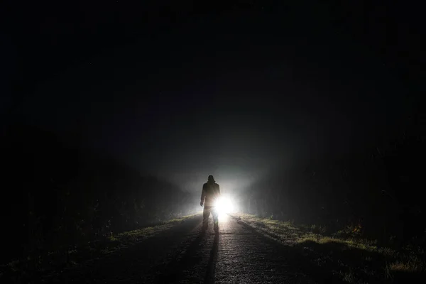 Faróis Carro Volta Iluminando Homem Uma Estrada Assustadora Nevoeiro País — Fotografia de Stock