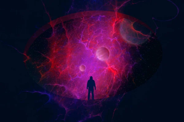 Homem Volta Câmera Olhando Para Fora Portal Para Universo Estrelas — Fotografia de Stock