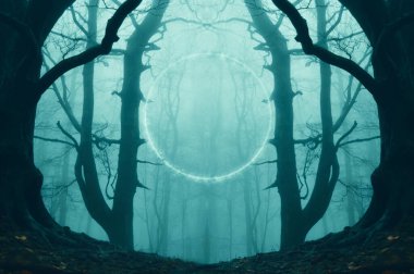 Fantezi, bilim kurgu konsepti parlayan bir portal, ürkütücü sisli bir ormanın üzerinde yüzen bir geçit.