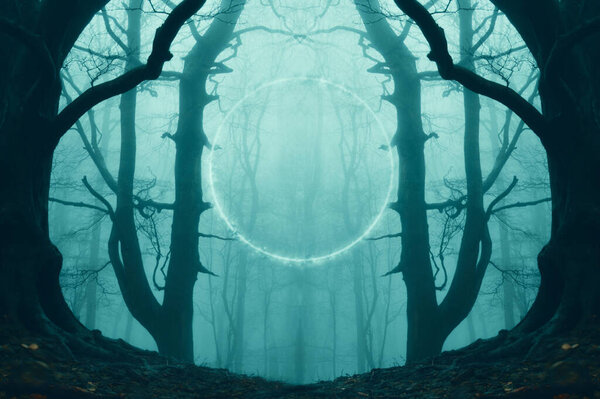 A fantasy, science fiction concept of a glowing, portal, gateway floating above a track in a spooky misty forest