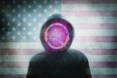 QAnon conspiracy theory concept. Of a hooded figure with the Q symbol. Over layered with the United States flag. with a blurred, grunge, abstract edit              clipart