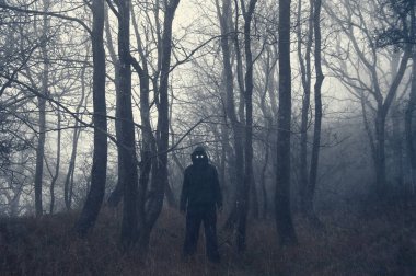 Atmosferik, dehşet verici bir kavram. Soğuk, sisli bir kış gününde bir ormanda duran parlayan gözlü korkunç bir şahsiyetin. Bir grunge, desenli düzenleme ile.         