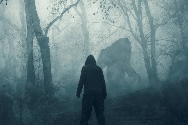 Dark Scary Concept Man Watching Mysterious Bigfoot Figure Walking Forest — Stock fotografie