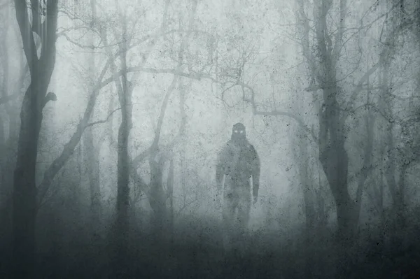 Dark Scary Concept Mysterious Supernatural Figure Walking Forest Silhouetted Trees — Stockfoto