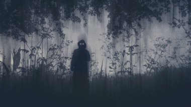 A dark scary concept. Looking up at a mysterious supernatural figure with glowing eyes looking at the camera. With a grunge, textured edit