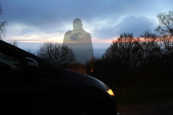 Double Exposure Atmospheric Half Transparent Man Looking Sunset Next Car — Zdjęcie stockowe