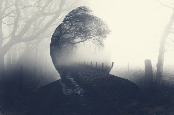 Double Exposure Spooky Half Transparent Hooded Figure Layered Foggy Path — Stock Photo, Image