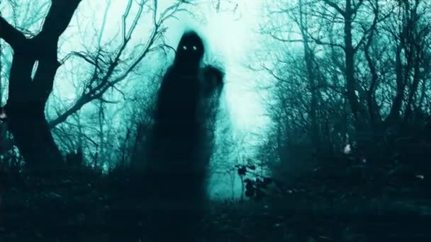 Horror Concept Hooded Entity Glowing Eyes Overlayered Spooky Forest Misty — Stock Video