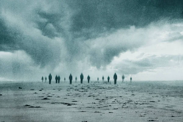 Supernatural Concept Group Blurred Lost Souls Walking Beach Moody Day — Stock Photo, Image