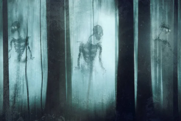 Horror Concept Three Spooky Skeletons Glowing Eyes Appearing Out Mist — Stock Photo, Image
